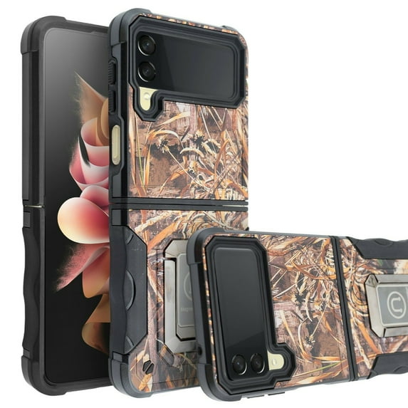 For Samsung Galaxy Z Flip 3 5G with Screen Protector Phone Case Magnet Mount Ready Slip Guard Grids Pattern Kickstand Hybrid Slim Shock Bumper Cover