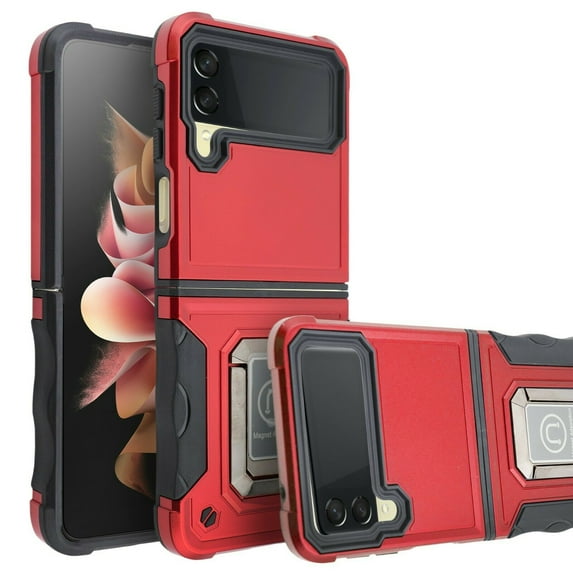 For Samsung Galaxy Z Flip 3 5G with Screen Protector Phone Case Magnet Mount Ready Slip Guard Grids Pattern Kickstand Hybrid Slim Shock Bumper Cover