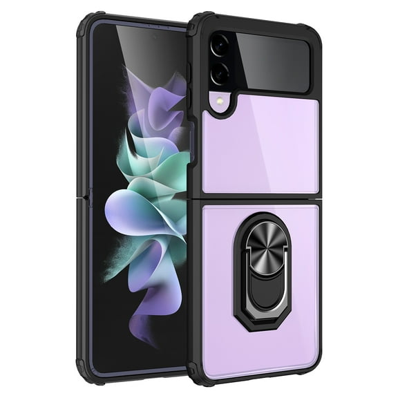 For Samsung Galaxy Z Flip 4 Clear Transparent Ring Stand Magnetic Hybrid - Clear/Black