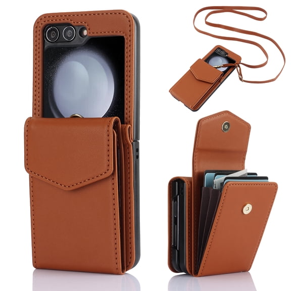 For Samsung Galaxy Z Flip 5 Accordion Crossbody Wallet Case, Card Slots, RFID Blocking, and Adjustable Strap - Stylish and Versatile Accessory for The Modern, Chic Woman, Brown