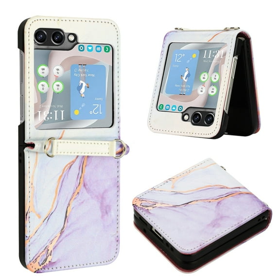 For Samsung Galaxy Z Flip 5 Marble Pattern Flip Leather Phone Case (White Purple)