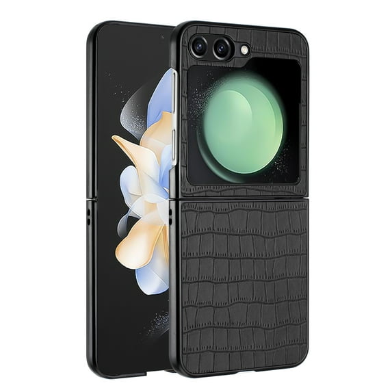 For Samsung Galaxy Z Flip 5 Pu Vegan Leather Premium Hard Snap On Case Cover - Black