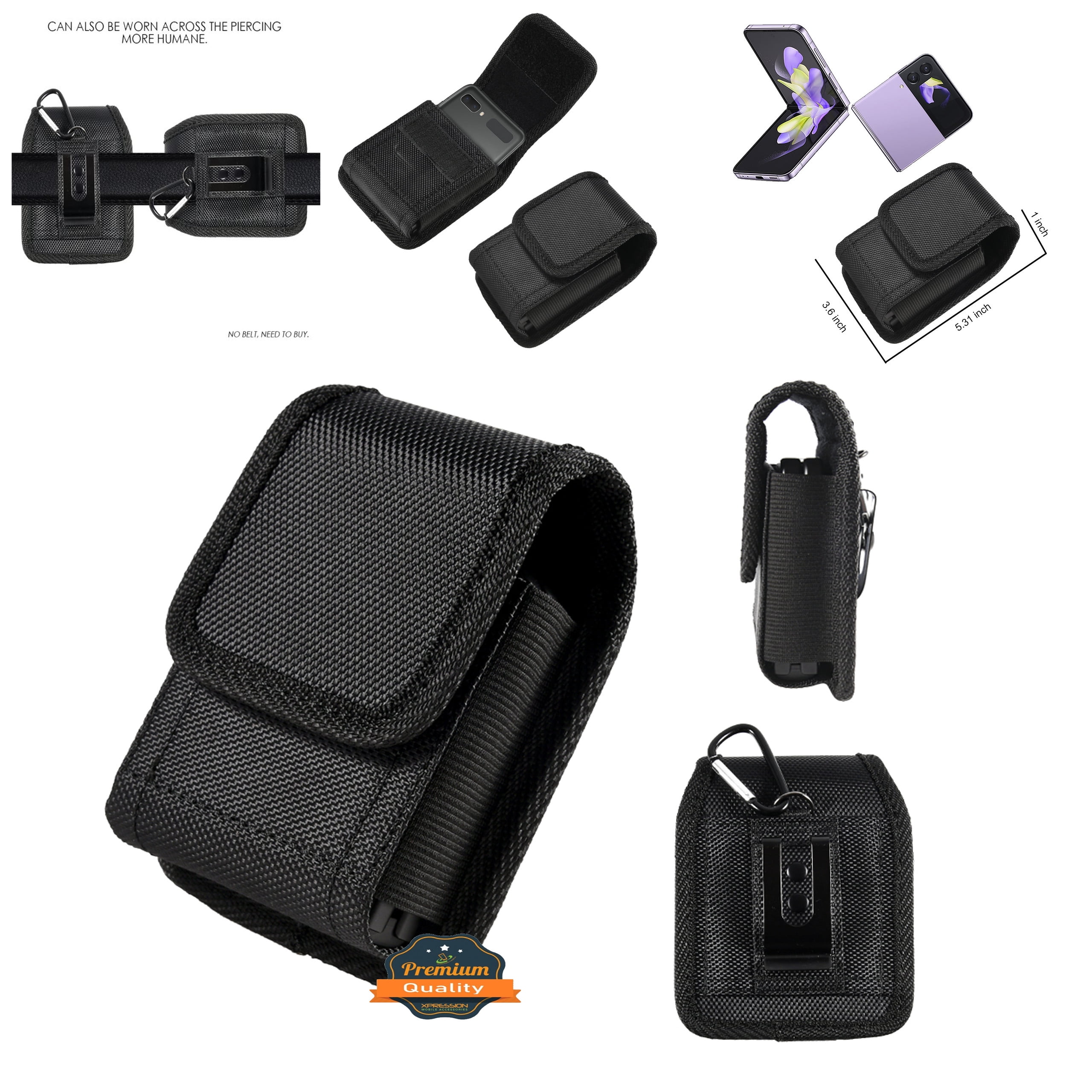 For Samsung Galaxy Z Flip 5 Universal Extra Small Pouch Case Vertical Phone  Holster Nylon Pouch Cover with Belt Clip Loop, Velcro & Hook Carabiner -  Black 