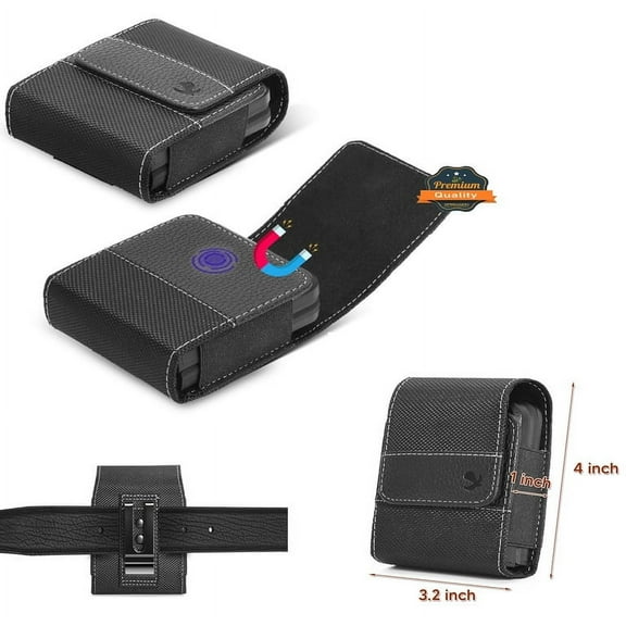 For Samsung Galaxy Z Flip 6/5/4/3/3 5G Universal Vertical Nylon Leather Flap Pouch Phone Holster with Magnetic Closure Holder and Belt Clip Loop Flip Rugged Cover - Black