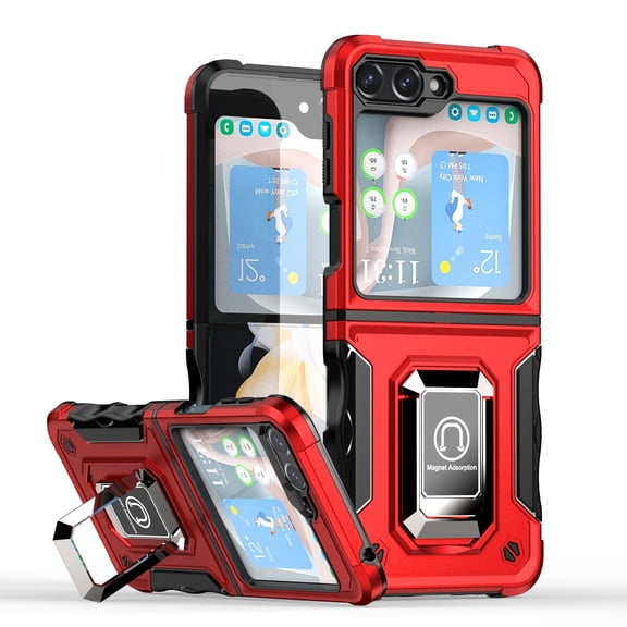 For Samsung Galaxy Z Flip 6 Cover with Ring Kickstand, Impact-Resistant, Shockproof, Protective Bumper Magnetic with Car Mount Durable Hybrid Rugged Phone Case For Samsung Galaxy Z Flip 6, Red