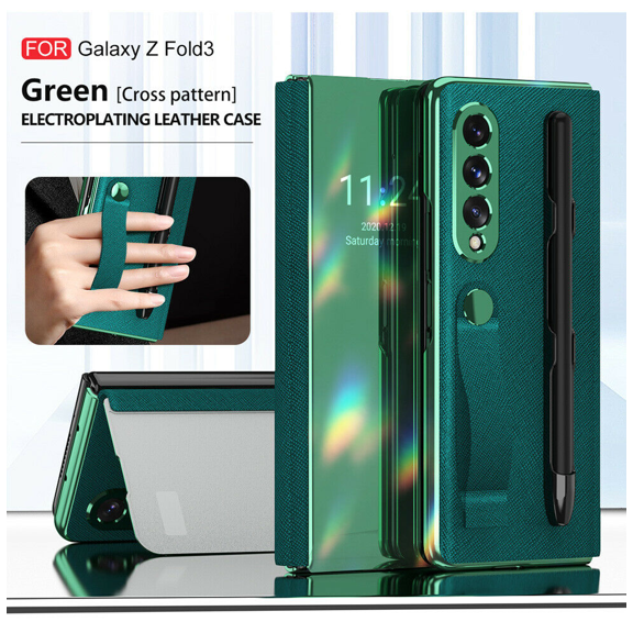 For Samsung Galaxy Z Fold 3 5G Luxury Mirror Plating Leather Built-in kickstand Case Cover with Pen Slot