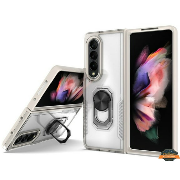 For Samsung Galaxy Z Fold 4 5G Transparent Hybrid Magnetic Ring Stand (work with Car Mount) Detachable Frame Bumper Phone Case Cover by Xpression - Clear + White