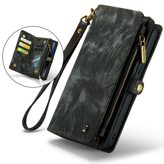 For Samsung Galaxy Z Fold 4 5G Wallet Case,Multi-Functional Retro Leather Purse Flip Cover Zipper Wallet Case with Removable Card Slots Pocket & Detachable Wrist Strap Magnetic Phone Case, Black