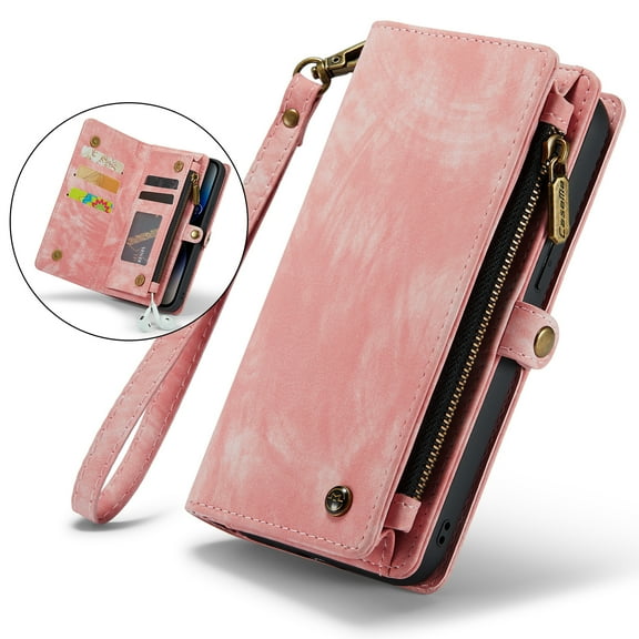 For Samsung Galaxy Z Fold 4 5G Wallet Case,Multi-Functional Retro Leather Purse Flip Cover Zipper Wallet Case with Removable Card Slots Pocket & Detachable Wrist Strap Magnetic Phone Case, Pink