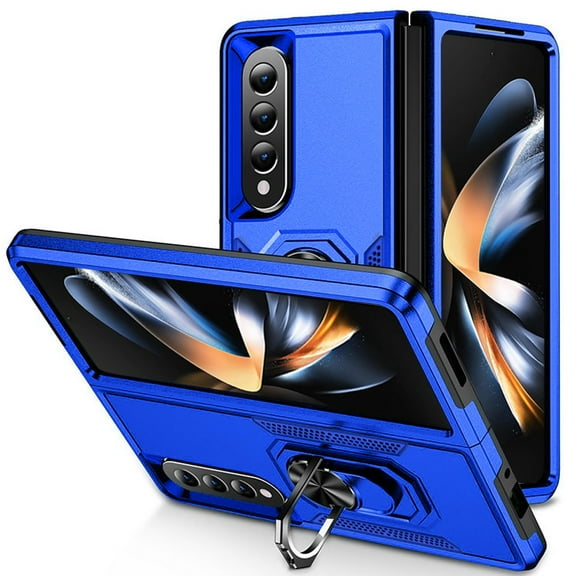 For Samsung Galaxy Z Fold 4 Solid Color Matte Finish Magnetic Ring Stand Hybrid - Dark Blue