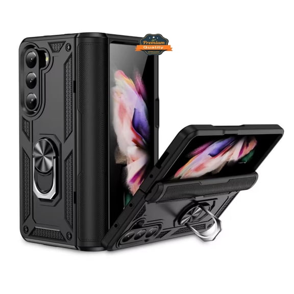 For Samsung Galaxy Z Fold 5 5G Shockproof Hybrid Dual Layer PC + TPU with Ring Stand Metal Kickstand Heavy Duty Armor Phone Case Cover by Xpression - Black