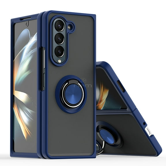For Samsung Galaxy Z Fold 5 Impact Metal Ring Holder Stand Magnetic Car Mount Protective Hybrid Case Cover Blue