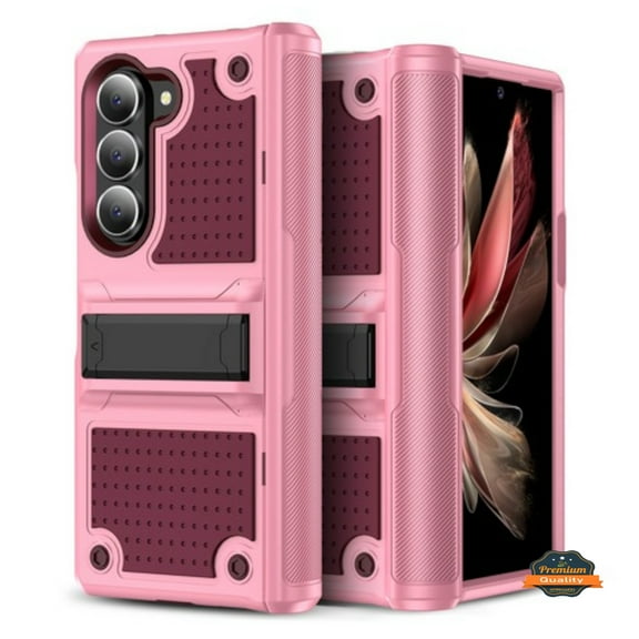 For Samsung Galaxy Z Fold 6 Hybrid Armor Rugged Dots Bumper with Invisible Kickstand & Hinge Protection Heavy Duty Shockproof Phone Case Cover by Xpression - Pink