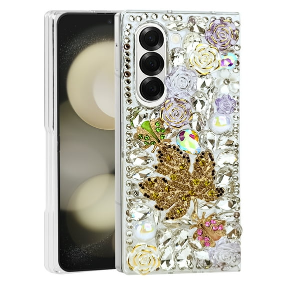 For Samsung Galaxy Z Fold 6 Luxury Diamond Rose 3D Leaf Design Raised lip Screen Camera Protection Shockproof Case Cover Gold