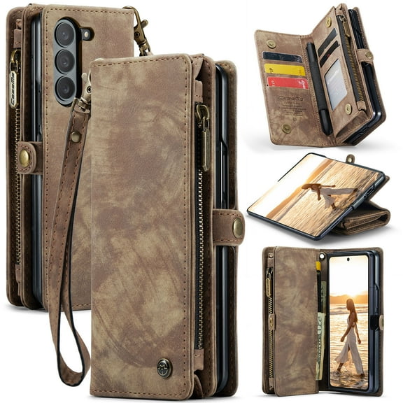 For Samsung Galaxy Z Fold 6 Wallet Case,Multi-Functional Retro Leather Purse Flip Cover Zipper Wallet Case with Removable Card Slots Pocket & Detachable Wrist Strap Magnetic Phone Case, Darkbrown