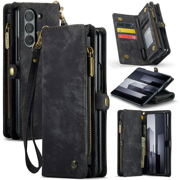 For Samsung Galaxy Z Fold 6 Wallet Case,Multi-Functional Retro Leather Purse Flip Cover Zipper Wallet Case with Removable Card Slots Pocket & Detachable Wrist Strap Magnetic Phone Case, Black