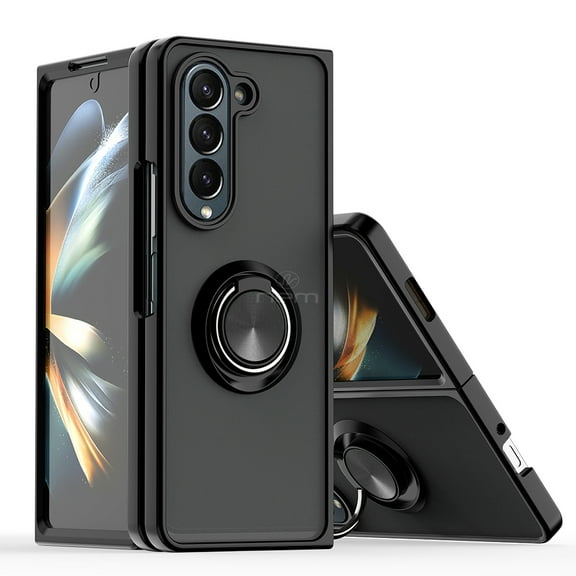 For Samsung Galaxy Z Fold 7 Impact Metal Ring Holder Stand Magnetic Car Mount Protective Hybrid Case Cover Black