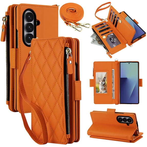 For Samsung Galaxy Z Fold 8 Ultra RFID Blocking Wallet Case, Crossbody Purse Phone Case with 9 Card Slots, Zipper Pocket & Detachable Strap,Orange