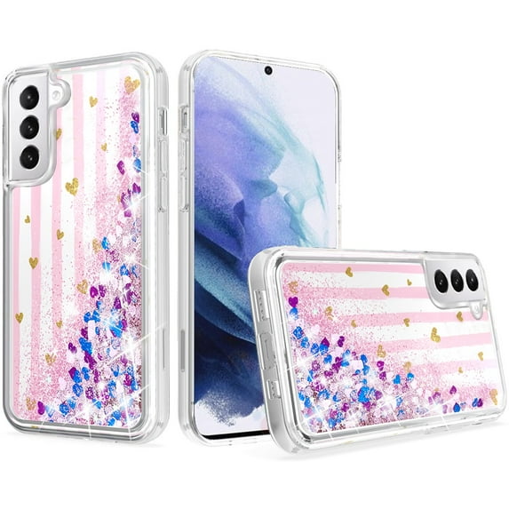 For Samsung Galaxy s21, s30 Liquid Quicksand Glitter Cover Case - Gold Love Stripes