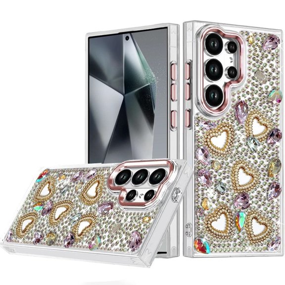 For Samsung Galaxy s24 Ultra Luxury Crystal Heart Rhinestones Diamond Bling Hybrid Case - Rose Gold
