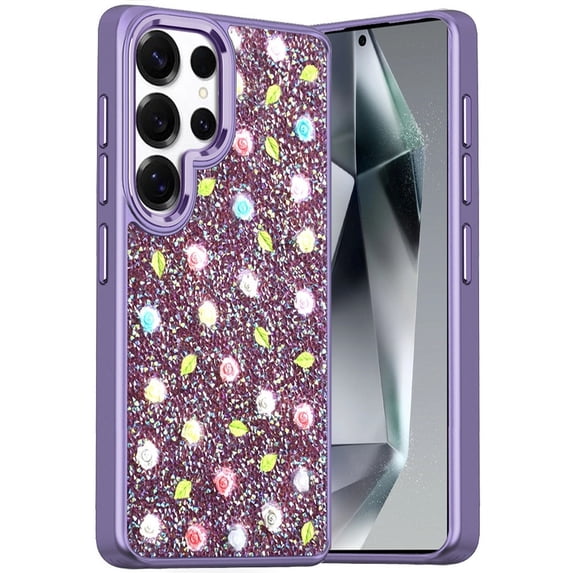For Samsung Galaxy s24 Ultra Stick-On Embedded Glass Diamonds of Colorful Floral Arrangement HQ Hybrid Case - Purple