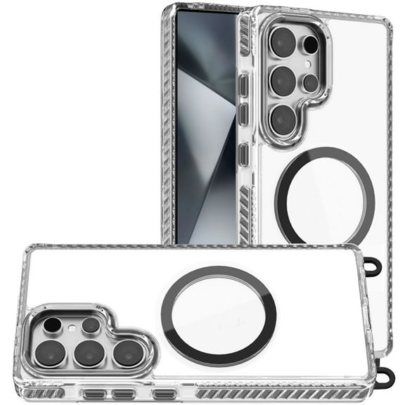 For Samsung Galaxy s24 Ultra Transparent HQ Clear Line Design Edged Hybrid [Magnetic Circle] with Matching Lanyard - Black