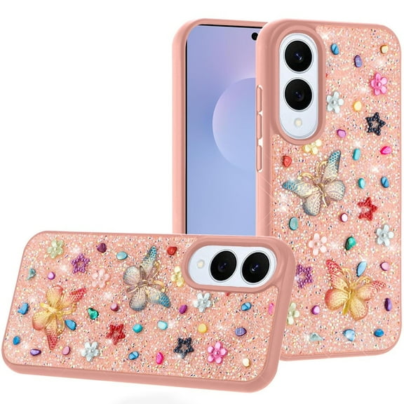 For Samsung Galaxy s25 Edge Butterfly Ornaments Diamond Bling Glitter Hybrid Case - Light Pink