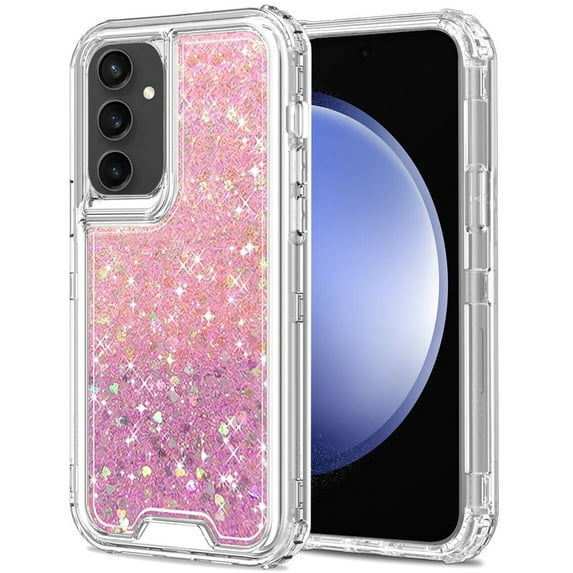 For Samsung s23 FE 5G Epoxy Sticker Glitter 3in1 Shockproof Transparent Hybrid Case - Pink + Light Purple