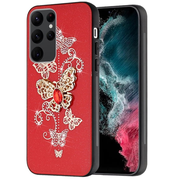 For Samsung S23 Plus SPLENDID Diamond Glitter Ornaments Engraving Case Cover - Garden Butterflies Red