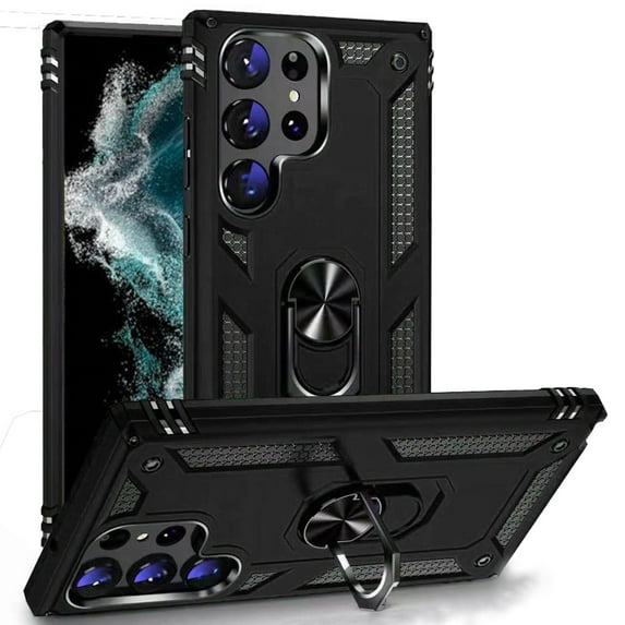 For Samsung S23 Ring Magnetic Kickstand Hybrid Case Cover - Black