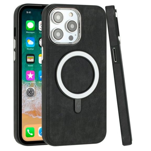 For Samsung S23 Ultra Fashion Chrome Edged Camera [Magnetic Circle] PU Leather Hybrid - Black