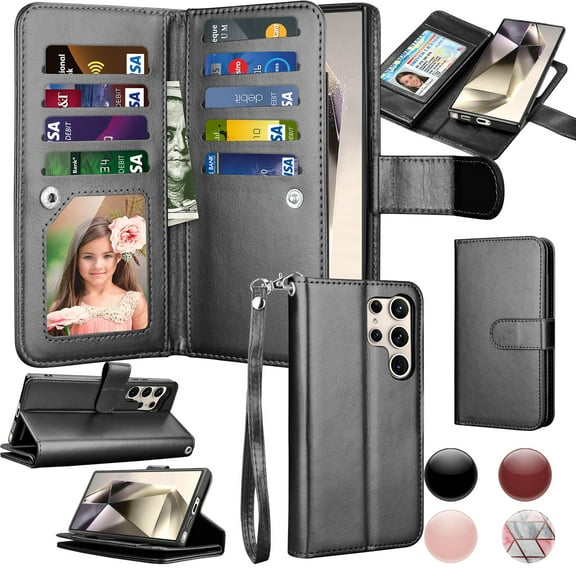 For Samsung S24 Ultra 2024 Case, Samsung Galaxy S24 Ultra 5G Wallet Case, Tiflook PU Leather Card Holder Flip Cover [Detachable Magnetic] Black