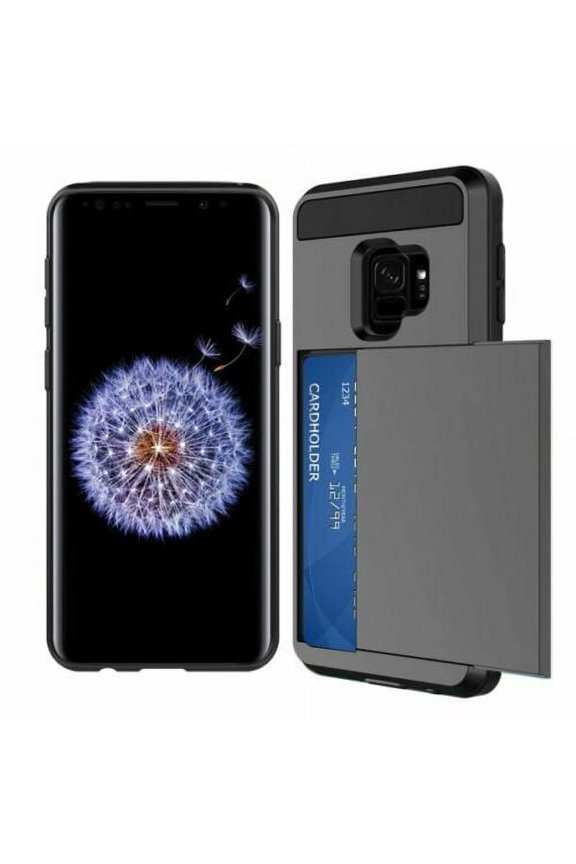 For Samsung S9 Plus Case, SOATUTO S9 Plus Wallet Card Holder Defender Bumper Soft Rubber Hard PC Back Hybrid Shockproof Slide Cover Flexible Protective with Card Slots for Samsung S9 Plus - Black