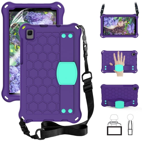 For Samsung Tab A7 Lite 8.7" SM-T220/T225 Case, Kids Shockproof  Hybrid Rugged Kickstand Cover with Shoulder/Hand Strap/Screen Film,