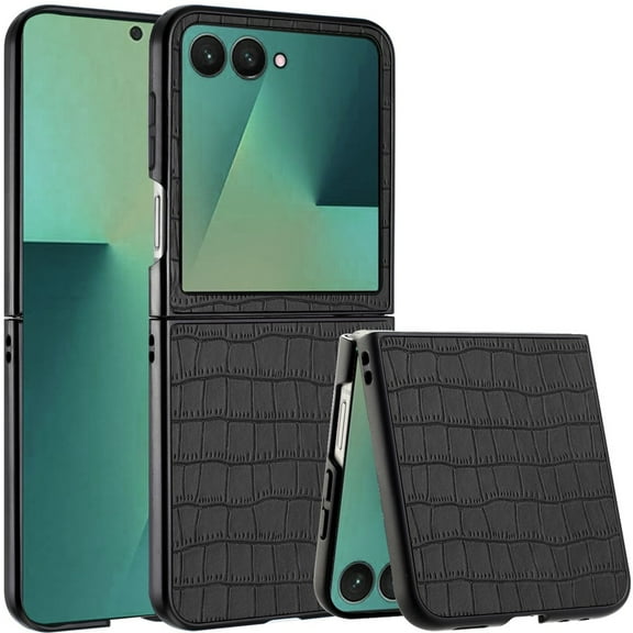 For Samsung Z Flip 7 PU Vegan Leather Premium Hard Snap On Case Cover - Black