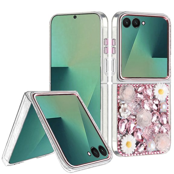 For Samsung Z Flip 7 Spectacular Full Bling Stones Glitter HQ Hybrid Floral Series - Pink