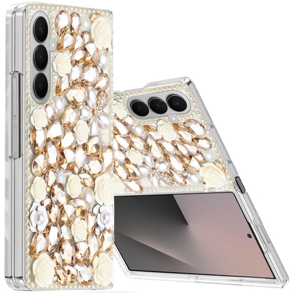 For Samsung Z Fold 7 Rose Flower Full Diamond Bling Stones - Yellow