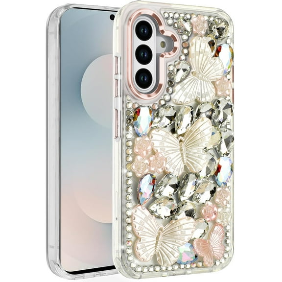 For Samsung s25 FE Lavished Floral Butterfly Bling Stones Hybrid Case - Rose Gold