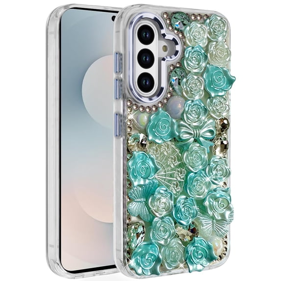 For Samsung s25 FE Muti-Color Floral Bling Stones Ornaments Case - Blue