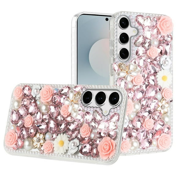 For Samsung s25 FE Rose Flower Full Diamond Bling Stones - Pink