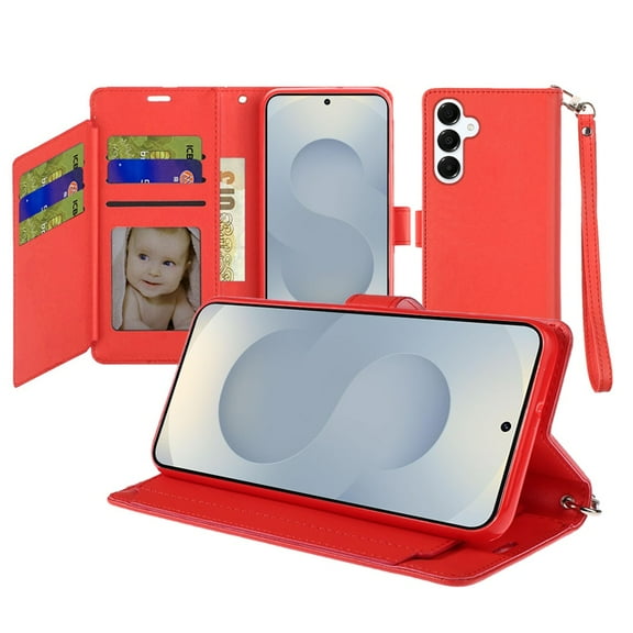 For Samsung s25 FE Wallet ID Card Holder Case Cover - Red