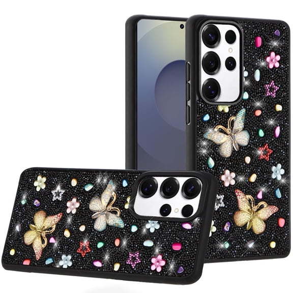 For Samsung s25 Ultra Butterfly Ornaments Diamond Bling Glitter Hybrid Case - Black