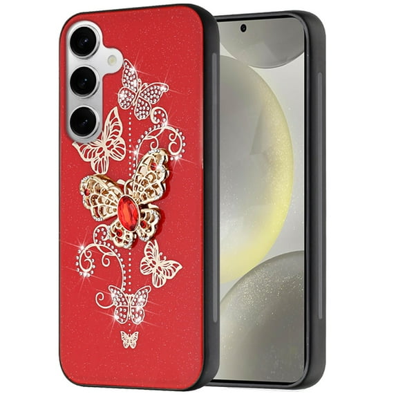 For Samsung s25/s24 SPLENDID Diamond Glitter Ornaments Engraving Case Cover - Garden Butterflies Red