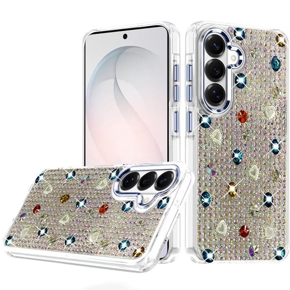 For Samsung s26 Charming Hearts Bling Diamonds Stones Chrome Hybrid Case - Blue