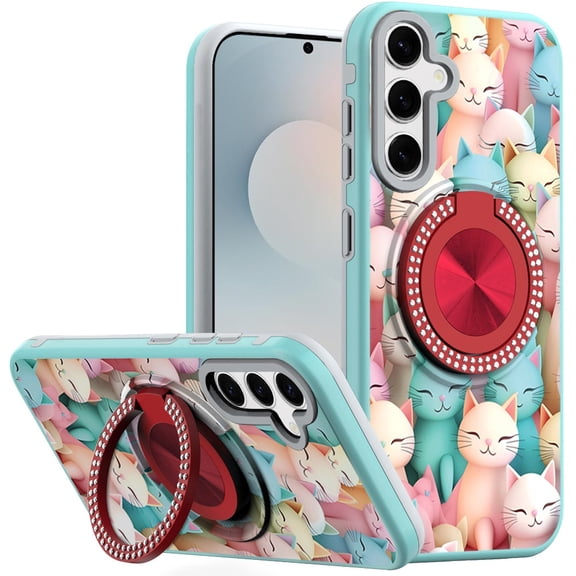 For Samsung s26 Metal Diamond CD Pattern Design Matte Finished Hybrid with Rotational Ring [Car Mount Friendly] Case - Cats