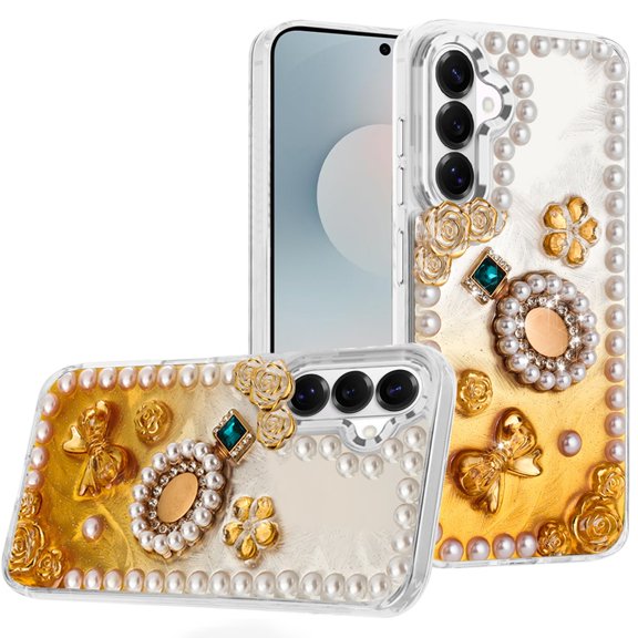 For Samsung s26 Pearls Epoxy Glitter Ornaments Design Chrome Edged Case - 8