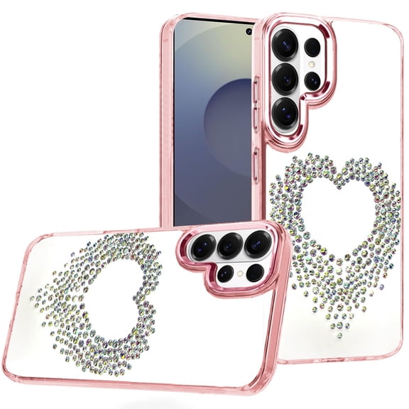 For Samsung s26 Ultra Angel Hearts Bling Shimmer Colorful Glitter Chrome Edged Hybrid Case - Rose Gold