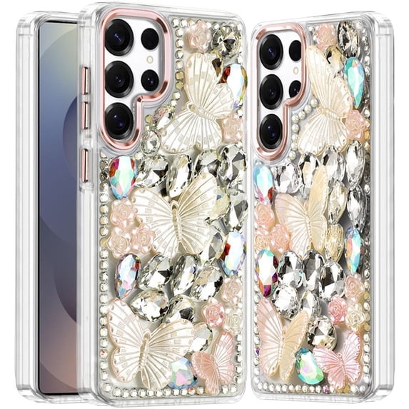 For Samsung s26 Ultra Lavished Floral Butterfly Bling Stones Hybrid Case - Rose Gold
