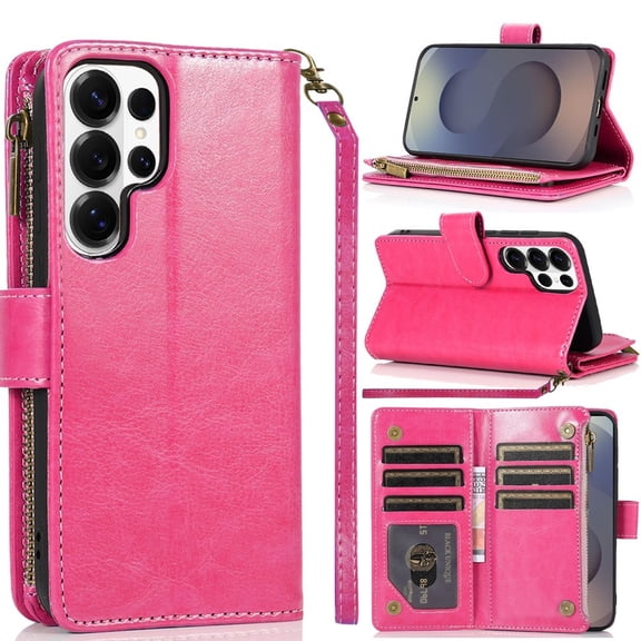 For Samsung s26 Ultra Luxury Wallet Card ID Zipper Money Holder Case Cover - Hot Pink