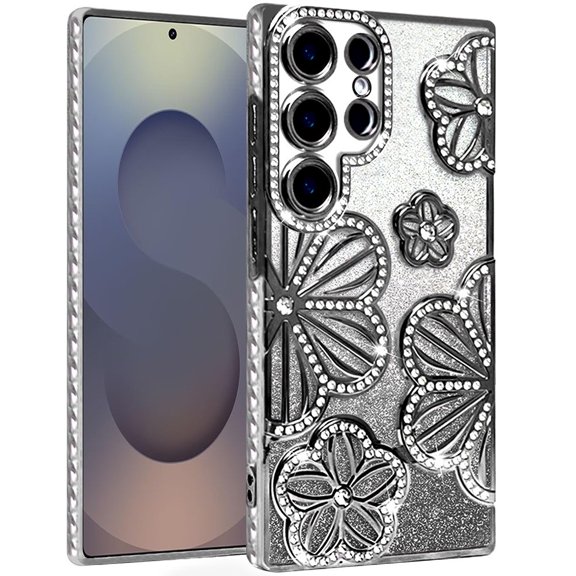 For Samsung s26 Ultra Shimmer Glitter Floral Design Thick TPU Case Cover - Black